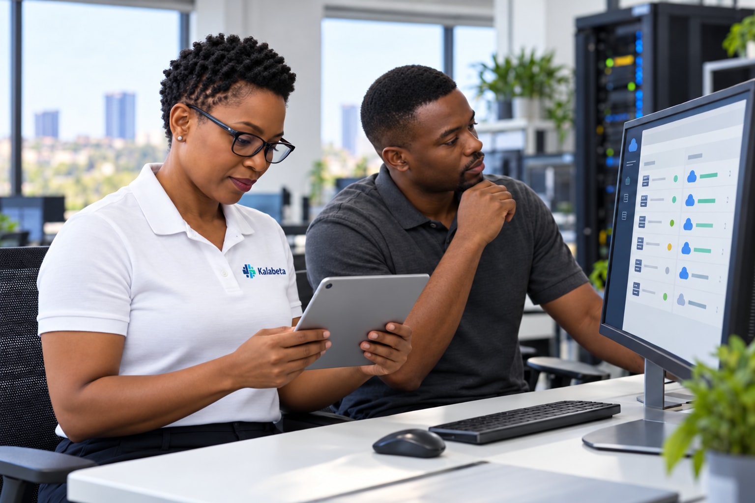 Illustrative scene of cloud engineers reviewing a migration checklist on an iPad beside an operations workstation