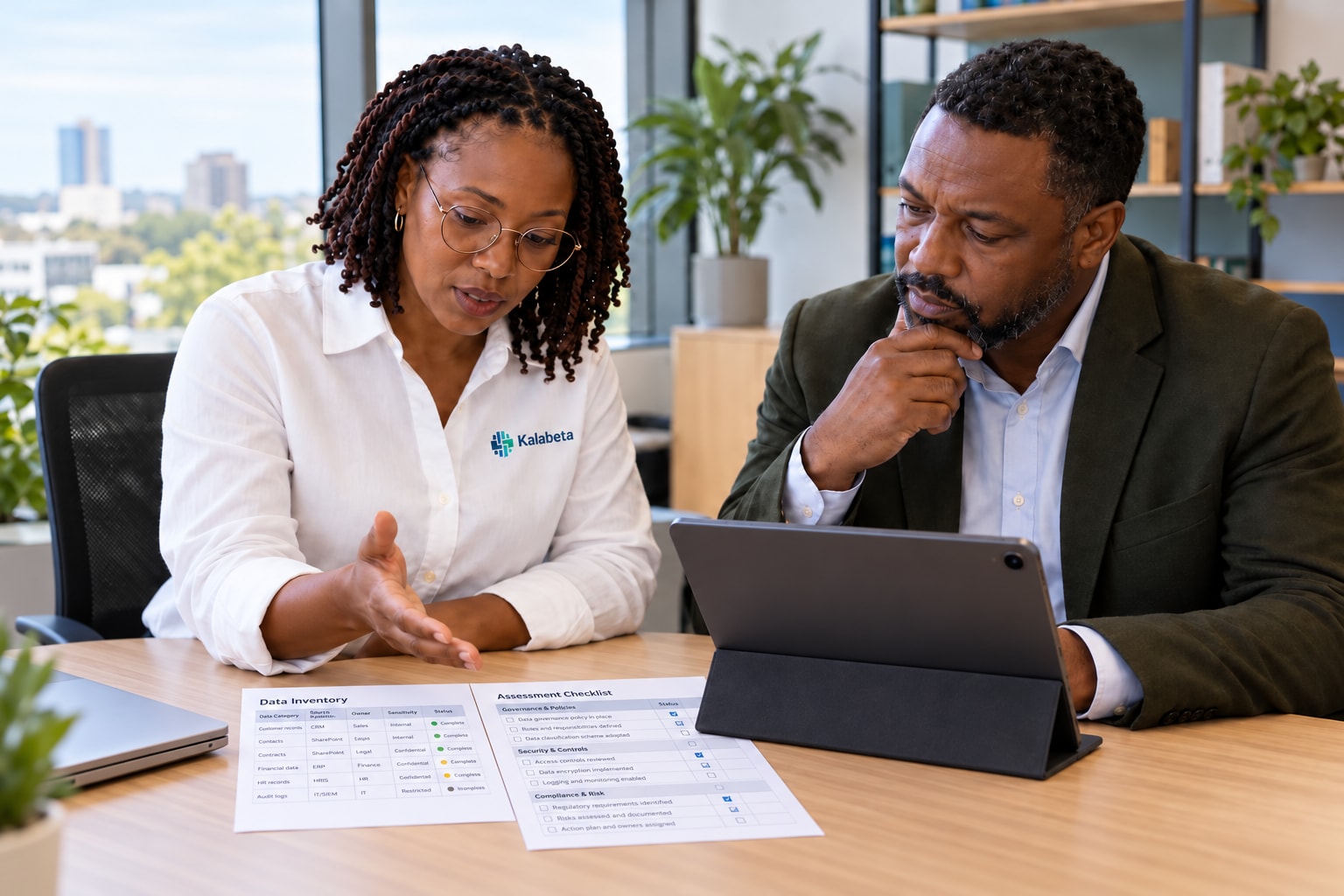 Illustrative scene of an adviser and business leader reviewing data readiness with an iPad and printed assessment documents