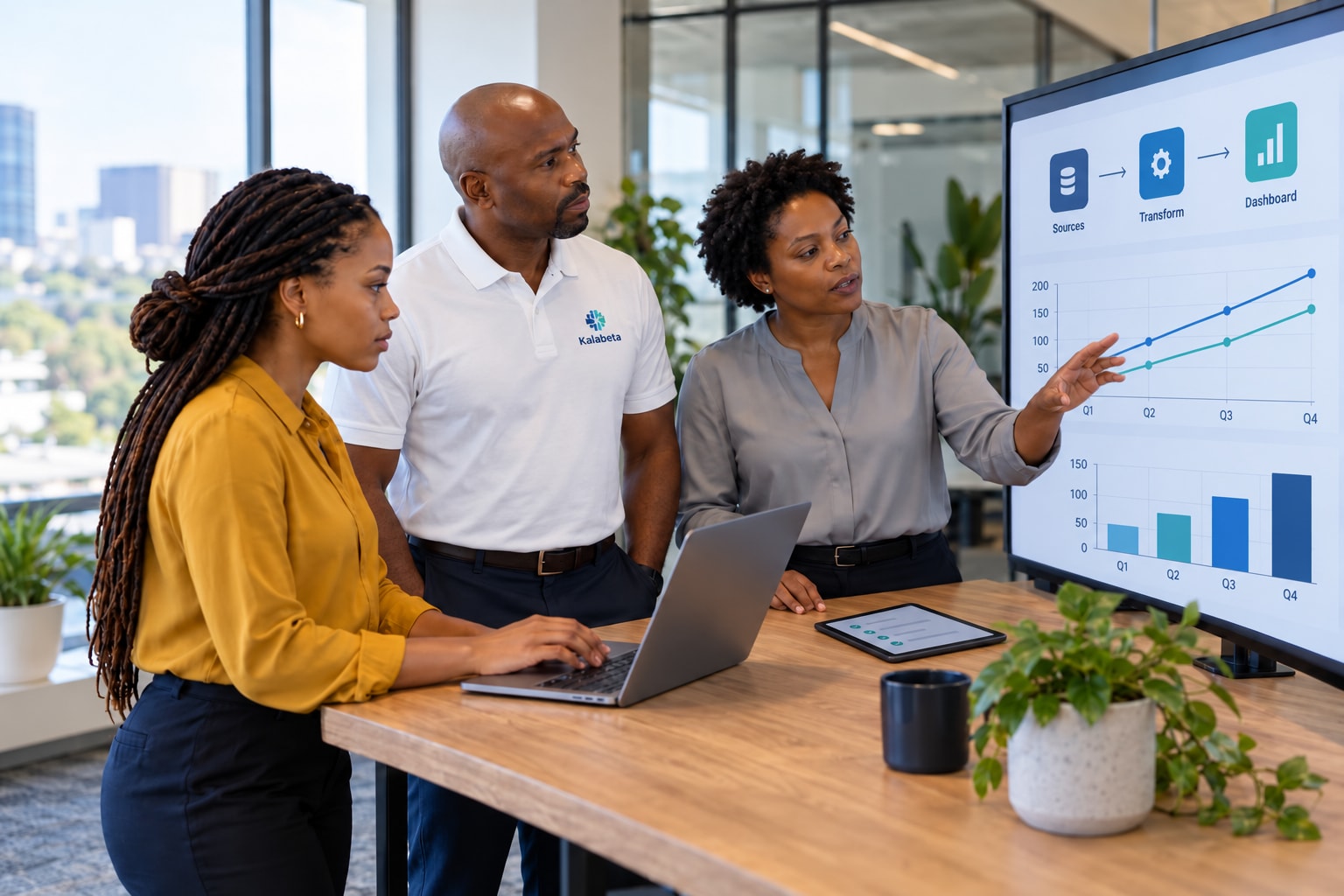 Illustrative scene of a data delivery team reviewing an analytics dashboard with an iPad validation checklist