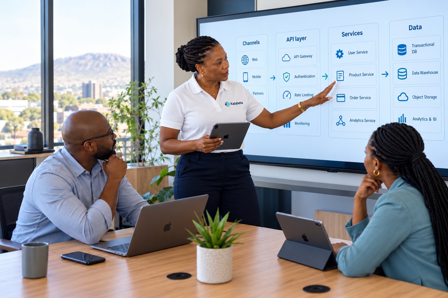 Illustrative scene of a Kalabeta consultant using an iPad to discuss systems architecture on a digital display