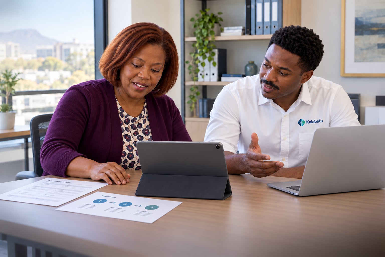 Illustrative scene of a consultant and operations lead reviewing a digital workflow with an iPad and relevant source documents
