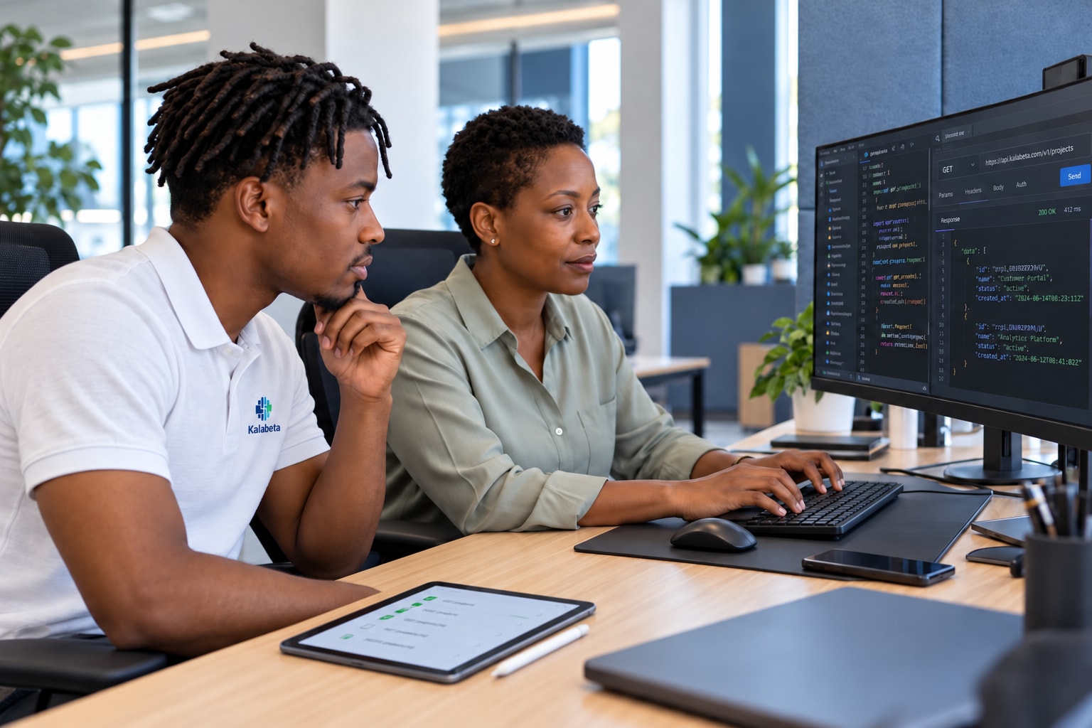Illustrative scene of two engineers reviewing software integration at a workstation with an iPad test checklist